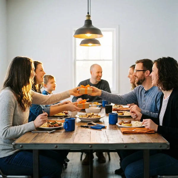 Was schenkt man zum 10. Jahrestag? Authentische Szene: Familie/Freunde um Holz-Tisch, warme Beleuchtung, Hände greifen nach Tellern und kleinen Geschenken, leichter Industrie-Charme.