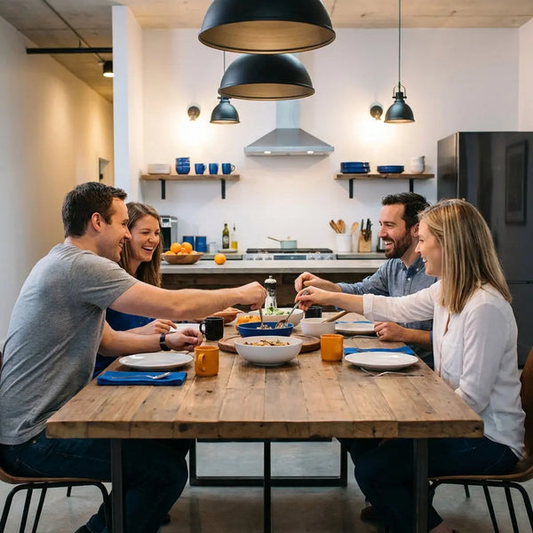 was schenkt man zur Gartenhochzeit: kleine Familie am gedeckten Holztisch, warmes Licht, herzliche Gespräche, dezente Metalldetails, minimalistisches Interieur