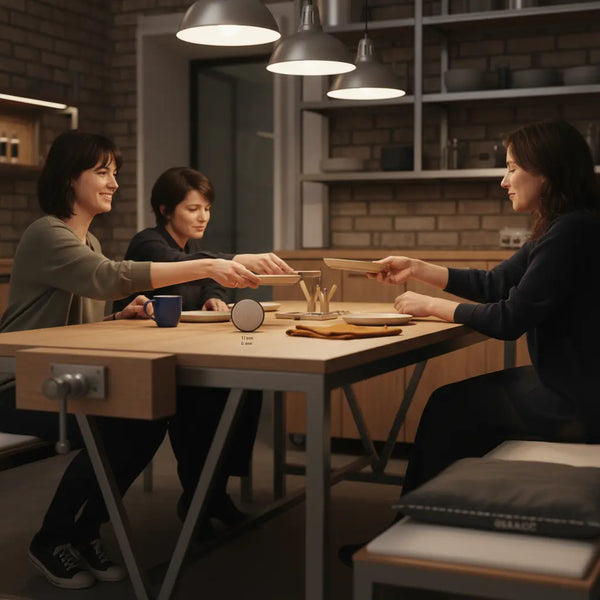 Warme Abend-Home-Scene mit Familie am Tisch, Hände greifen nach Tellern, industrieller Charme, Das Produkt aus den Referenzfotos dezent auf dem Tisch sichtbar — Was schenkt Oma zum Schulanfang?