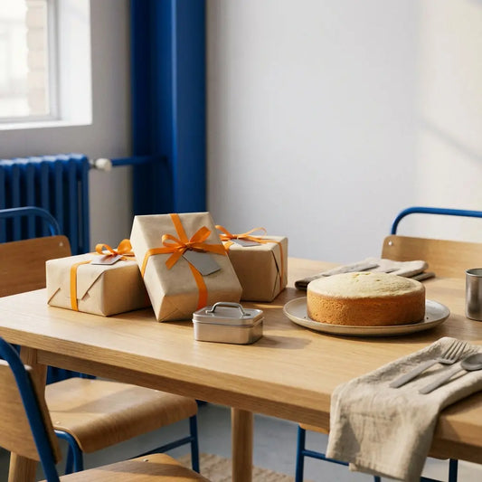 Was schreibe ich, wenn ich Geld verschenke? Intime Esstischszene ohne Personen mit Geschenken, einfacher Vanilletorte, Metallakzenten und Holzoberflächen in Steelmonks-Farbwelt