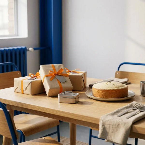 Was schreibe ich, wenn ich Geld verschenke? Intime Esstischszene ohne Personen mit Geschenken, einfacher Vanilletorte, Metallakzenten und Holzoberflächen in Steelmonks-Farbwelt