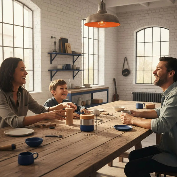 Kleine Familie an Esstisch mit warmem Licht, Holzoberflächen und dezenten Metalldetails, Hände greifen nach Tellern; Produkt aus den Referenzfotos auf dem Tisch — was schreibt man auf ein armband?