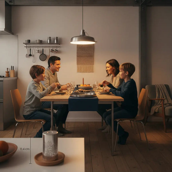 Abendliche Familien-Tischszene mit industriellem Charme und graviertem Stahlobjekt im Vordergrund – was sich mütter wünschen: Nähe, Wärme und handwerkliche Qualität.