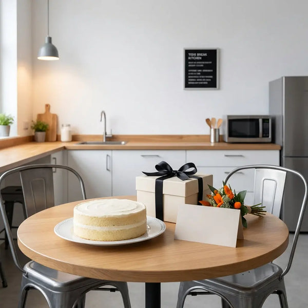Minimalistische Büroszene mit Kuchen, Geschenk und Blumen als Abschiedsdekoration, passend zum Thema Was wünscht man einer Arbeitskollegin zum Abschied?