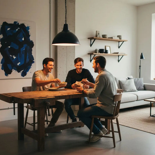 was wünschen sich männer ab 60: warmes Wohnzimmer mit Familie am Esstisch, Holz- und Metalldetails, warme Abendbeleuchtung, Hintergrund #FAFAFF, Akzente #ff9800 und #0044CC