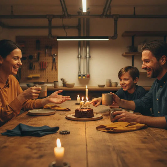 Kleine Familie oder Freunde versammelt um einen Esstisch mit Holz- und Metallakzenten, warme Beleuchtung und herzhaftes Lachen – Was wünscht man einer Frau zum 60. Geburtstag?