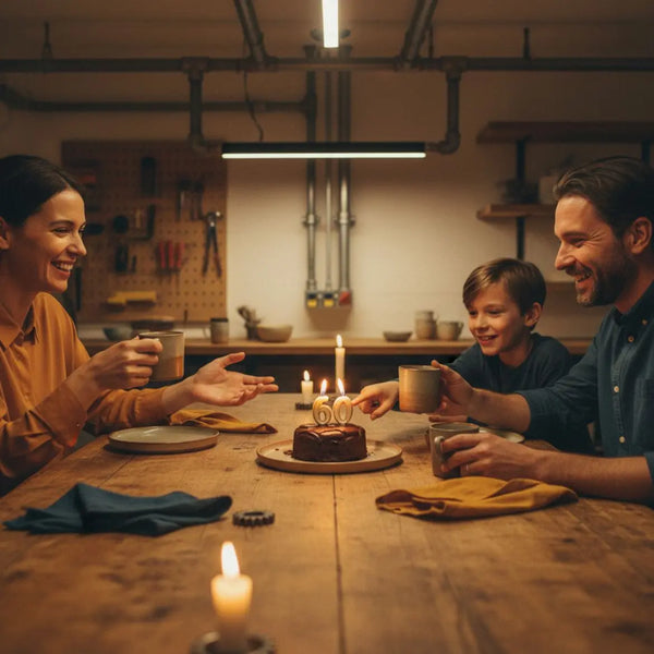 Kleine Familie oder Freunde versammelt um einen Esstisch mit Holz- und Metallakzenten, warme Beleuchtung und herzhaftes Lachen – Was wünscht man einer Frau zum 60. Geburtstag?