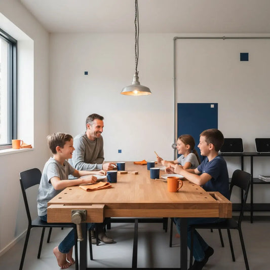 Was wünscht man werdenden Eltern vor der Geburt? Kleine Familie am Esstisch, warme Beleuchtung, Holz- und Metalldetails, herzliche Gespräche, minimalistisches, aufgeräumtes Interior.