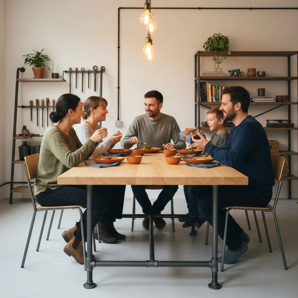 Kleine Familie um Holztisch mit warmem Licht und industriellen Metalldetails, Geschenke mit dezenter #ff9800- und #0044CC-Akzentierung – weihnachtsgeschenk ideen im Fokus des Zusammenseins.