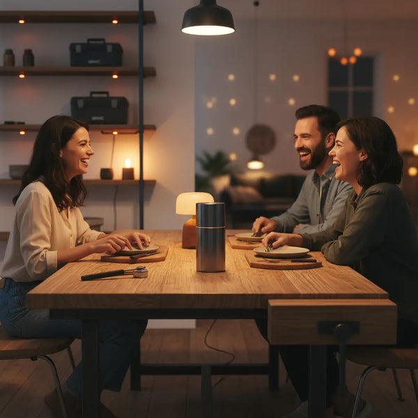 Abendliche Familienszene am Esstisch mit warmem Licht und industriellem Charme, Produkt aus den Referenzfotos zentral platziert, minimalistisch gestaltet – weihnachtsgeschenke für kinder