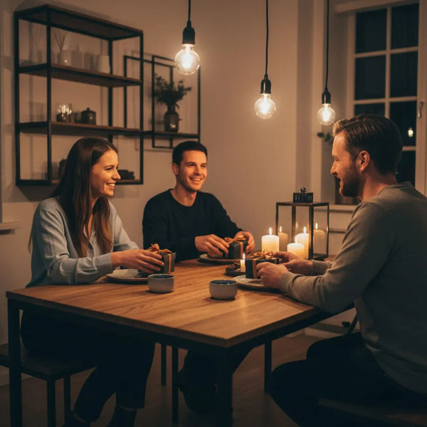 Familie um einen industriellen Holztisch mit kleinen Geschenkboxen und warmem Licht — weihnachtsgeschenke für paare im Fokus