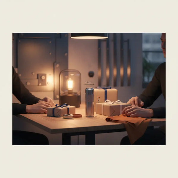 Minimalistisches Stillleben auf Holztisch mit verpackten Geschenken, Stahl-Schlüsselanhänger und warmem Lampenlicht – weihnachtsgeschenke ideen