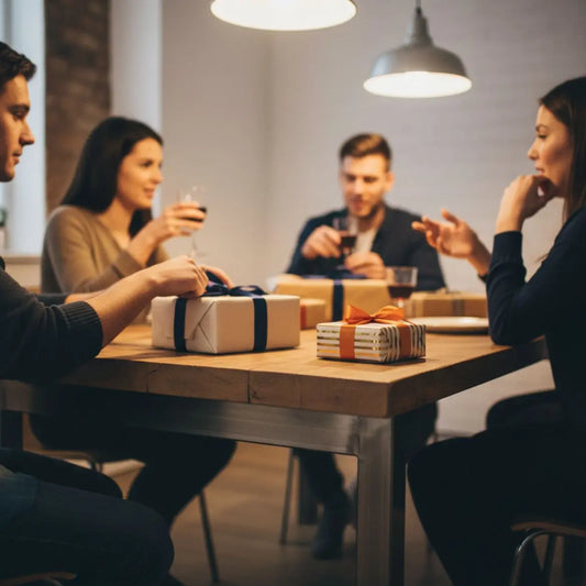 Warm beleuchtetes Esszimmer: Hände und Gesten beim Überreichen von Geschenken am Tisch, Fokus auf Geschenkdetails und Nähe – weihnachtsgeschenke senioren