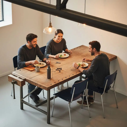 Familie am Esstisch in warmer, leicht industrieller Küche, gemeinsames Lachen und Hände am Tisch – Wein als Geschenk steuerlich absetzbar