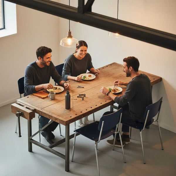 Familie am Esstisch in warmer, leicht industrieller Küche, gemeinsames Lachen und Hände am Tisch – Wein als Geschenk steuerlich absetzbar