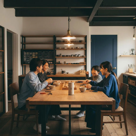 Familie lacht am warm beleuchteten Esstisch mit industriellen Metalldetails — Welche kleine Ostergeschenke sind für Mitarbeiter steuerfrei? Szene im Stil von Steelmonks.
