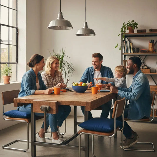 Welche Kleinigkeit kann ich verschenken? Kleine Familie sitzt am Esstisch, warmes Licht, Holzoberflächen und dezente Metalldetails, minimalistisch und freundlich.