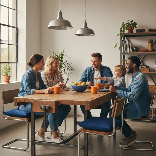 Welche Kleinigkeit kann ich verschenken? Kleine Familie sitzt am Esstisch, warmes Licht, Holzoberflächen und dezente Metalldetails, minimalistisch und freundlich.