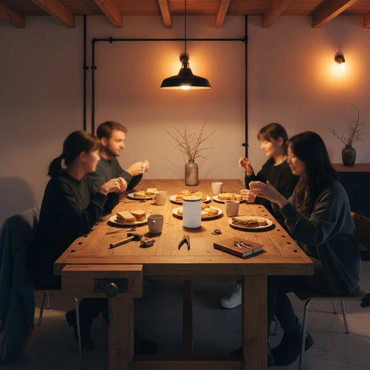 Minimalistisches Interior mit Familie/Freunden am Esstisch, warmes Licht, Holz- und Metalldetails, Teller und Werkzeuge sichtbar, unaufdringlich das Produkt aus Referenzfotos – werdender Papa.
