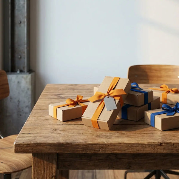 Rustikaler Holztisch mit sorgfältig verpackten Geschenken, gebürstetem Metall‑Anhänger und warmem Licht – minimalistisches Stillleben im Steelmonks-Stil, Wertschätzung ausdrücken