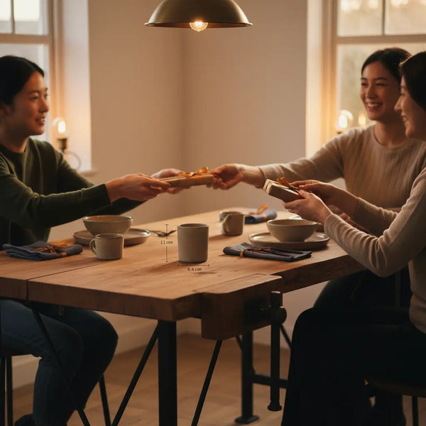 Intime Abendessenszene mit Freunden, Hände teilen wichtelgeschenk ideen auf Holztisch, warme Beleuchtung, subtile Metalldetails, Hintergrund #FAFAFF