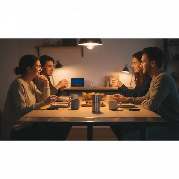 Intime Abend-Szene mit Freunden an einem Holz­tisch, warmes Licht, dezente Stahlakzente und Produkt auf dem Tisch – stimmungsvolles Motiv für wichtelgeschenke ideen.