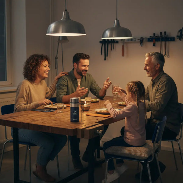 Wichtelgeschenke Ideen: Familienszene am Holztisch mit dem Produkt aus den Referenzfotos, warme Beleuchtung, metallische Details und minimalistisches Layout.