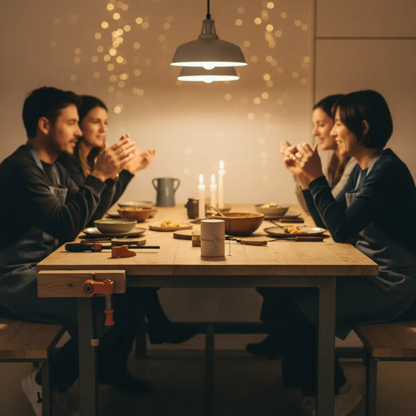 Abendliche, minimalistische Tischszene mit Holz- und Metalldetails — Freunde basteln zusammen; wichtelgeschenke selber machen im Fokus.