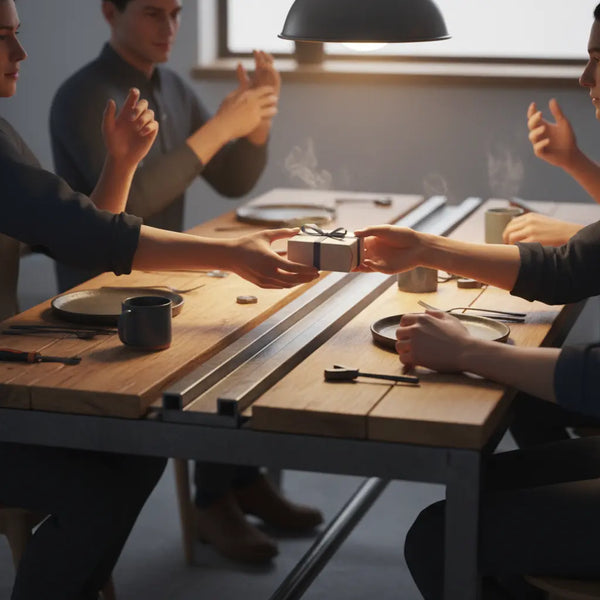 Intime Abendaufnahme an Tisch/Werkbank mit Holz- und Metallakzenten, Hände reichen kleine Geschenke und greifen nach Tellern — fokus auf Nähe und wichtelgeschenke.