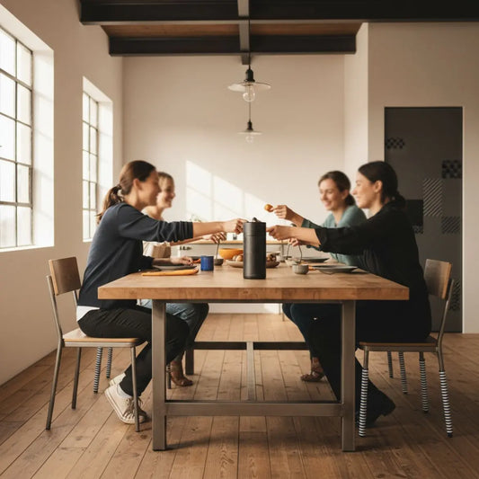Wie bedanke ich mich bei einem Handwerker? Hände reichen am Esstisch dem Handwerker eine kleine Gabe, warme Holz- und Metalldetails, freundliche familiäre Atmosphäre.