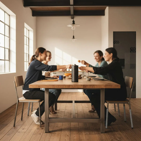 Wie bedanke ich mich bei einem Handwerker? Hände reichen am Esstisch dem Handwerker eine kleine Gabe, warme Holz- und Metalldetails, freundliche familiäre Atmosphäre.