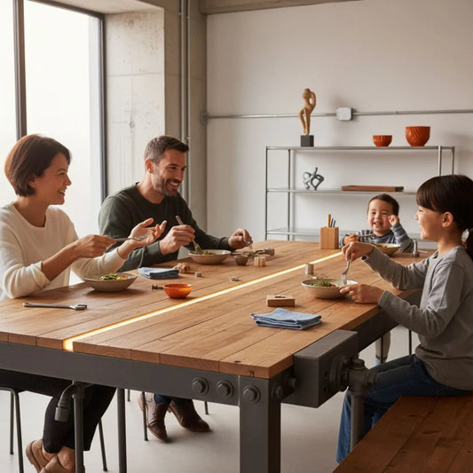 Familie an industriellem Esstisch, Hände greifen nach Tellern und Werkzeugen in warmem Licht – Wie bedanke ich mich bei meiner Lehrerin? Authentisch, minimalistisches Interieur.