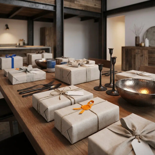 Wie bedankt man sich bei Trauzeugen? Minimalistisches Esszimmer mit Holztisch und sorgfältig verpackten Geschenken, metallischen Akzenten und warmem Licht in Steelmonks Farbwelt