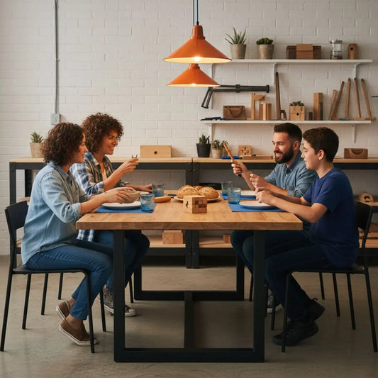 Kleine Familie beim gemeinsamen Essen in warmem, industriell geprägtem Zuhause mit Metall- und Holzdetails – intime Szene, wie danke sagen für ein großzügiges Geschenk