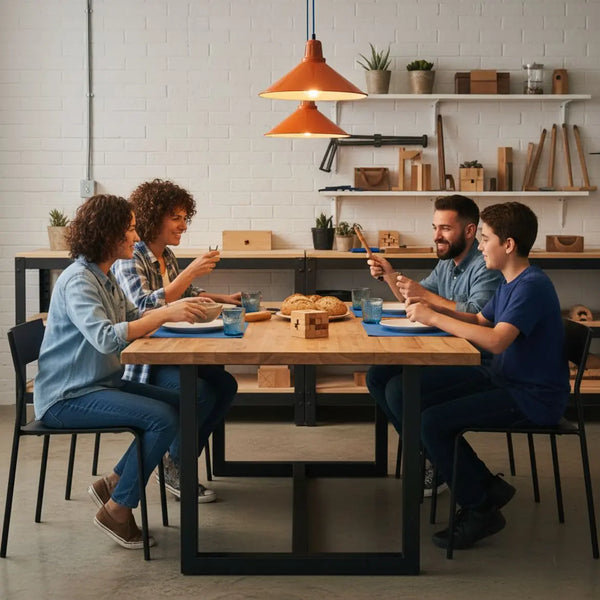 Kleine Familie beim gemeinsamen Essen in warmem, industriell geprägtem Zuhause mit Metall- und Holzdetails – intime Szene, wie danke sagen für ein großzügiges Geschenk