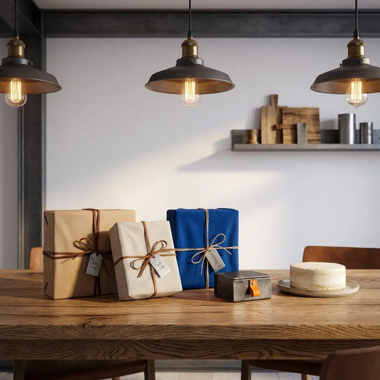 Nahaufnahme eines hölzernen Esstisches mit sorgfältig verpackten Geschenken, kleiner Metallbox und Vanilletorte im minimalistischen Steelmonks-Stil, wie gratuliert man seinem partner zum jahrestag