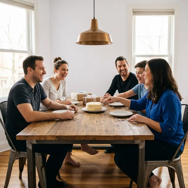 Kleine Familie um Esstisch mit Vanillekuchen und Geschenken in warmem, leicht-industriellem Raum – intime Feier. wie kann ich meine frau zum geburtstag überraschen