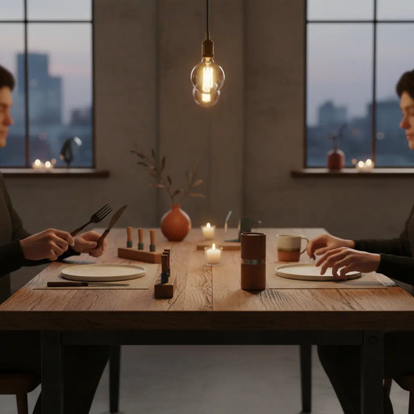 Abendliche, minimalistische Tischszene mit Händen, Holz- und Metalldetails und dem Produkt aus den Referenzfotos – wie mache ich meiner partnerin eine freude