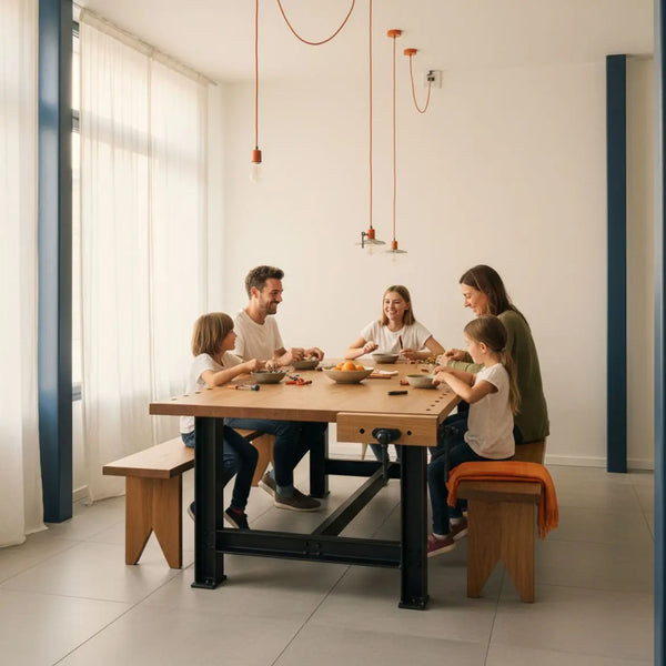 Wie nennt man kleine Geschenke für Kunden? Kleine Familie am Esstisch in einem minimalistischen, leicht-industriellen Zuhause mit warmem Licht, Holzoberflächen und dezenten Metalldetails.