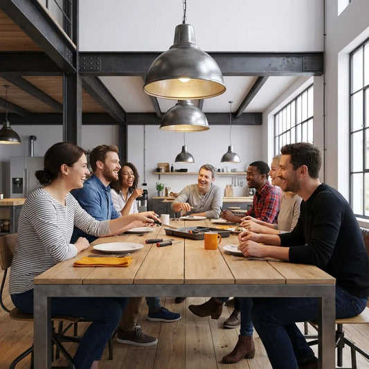 Wie verabschiede ich mich von Arbeitskollegen? Kleine Gruppe um Esstisch beim Abschied, warme Beleuchtung, Metalldetails und Holzoberflächen in minimalistischem Wohnraum.