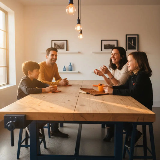 Wie verteilt man Wichtelgeschenke? Kleine Familie am Esstisch, warmes Licht, leichte industrielle Metalldetails und Holzoberflächen, herzliches Zusammensein