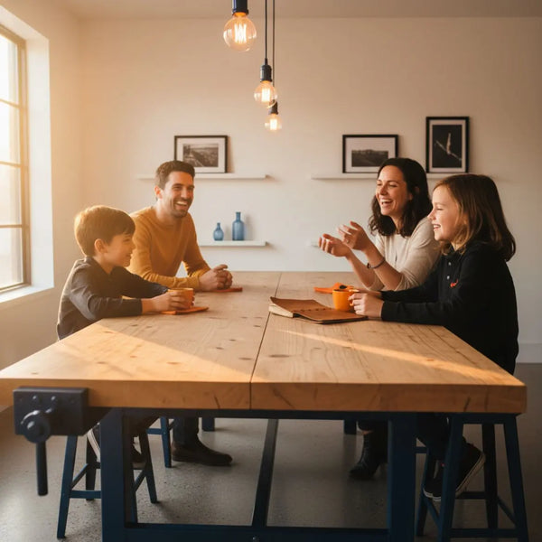 Wie verteilt man Wichtelgeschenke? Kleine Familie am Esstisch, warmes Licht, leichte industrielle Metalldetails und Holzoberflächen, herzliches Zusammensein