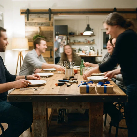 Kleine Familie am Esstisch mit warmem Licht, Holz und Metalldetails, Hände reichen Teller und kleine Abschiedsgeschenke – Wie viel gebe ich Kollegen zum Abschied?