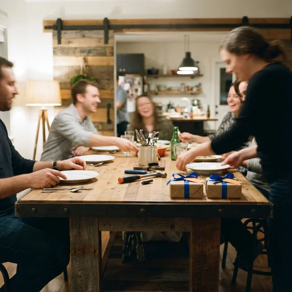 Kleine Familie am Esstisch mit warmem Licht, Holz und Metalldetails, Hände reichen Teller und kleine Abschiedsgeschenke – Wie viel gebe ich Kollegen zum Abschied?