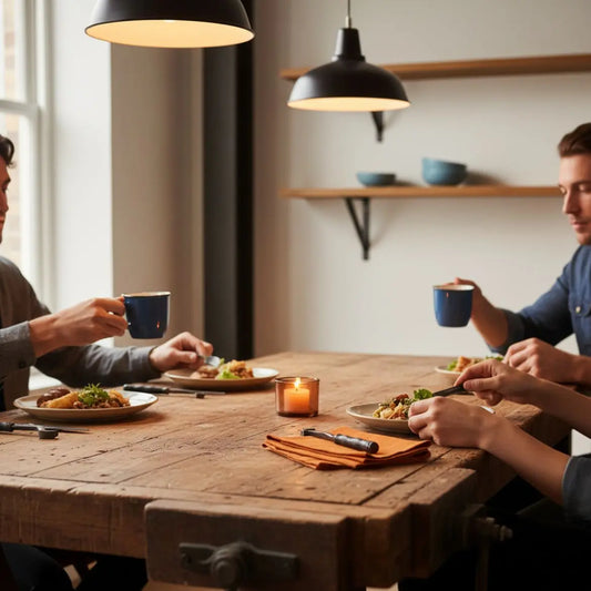 Wie viel Geld für Weihnachtsgeschenk Partner: Hände an einem hölzernen Esstisch, warme Beleuchtung, dezente Metalldetails, minimalistische, industrielle Wohnzimmer-Atmosphäre.