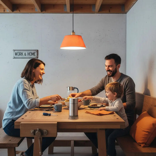 Kleine Familie am Esstisch in hellem, leicht-industriellem Zuhause mit Holzoberflächen und Das Produkt aus den Referenzfotos – wie viel geld schenken zu weihnachten