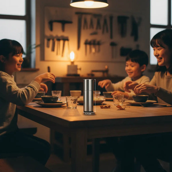 Abendliche Familienszene am Holztisch, Hände greifen nach Gegenständen, Produkt aus Referenzfotos sichtbar — wie viel geld schultüte, warme industrielle Atmosphäre