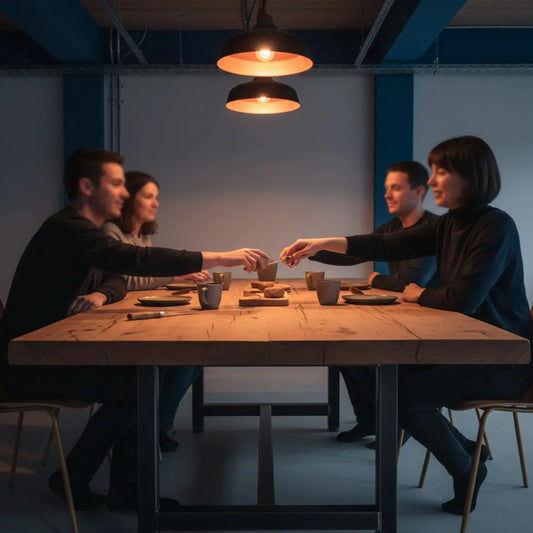 Wie viel Geld zum Abitur: Minimalistische Wohnszene mit kleiner Familie an Holztisch, warme Beleuchtung, industrielle Metallakzente, Hände greifen nach Tellern.