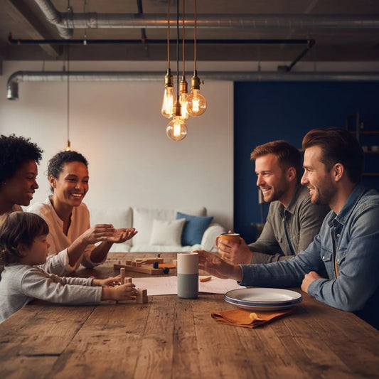 Kleine Familie lacht und unterhält sich am Esstisch mit Geschenkmoment – Szene zu wie viel geld zur konfirmation, warmes Licht, Holz- und Metalldetails, minimalistisches Layout.
