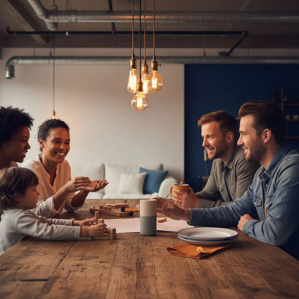 Kleine Familie lacht und unterhält sich am Esstisch mit Geschenkmoment – Szene zu wie viel geld zur konfirmation, warmes Licht, Holz- und Metalldetails, minimalistisches Layout.